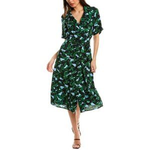 Walter Baker Valencia Dress in Green Short Sleeve Button Up Leaf Print Size M